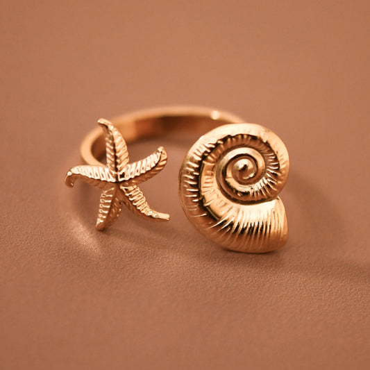 18K Gold PVD Plated Stainless Steel Starfish & Shell Ring – 8042