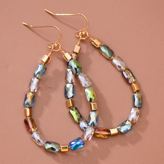 Teardrop Wire Beaded Glass Crystal Earrings - 8179