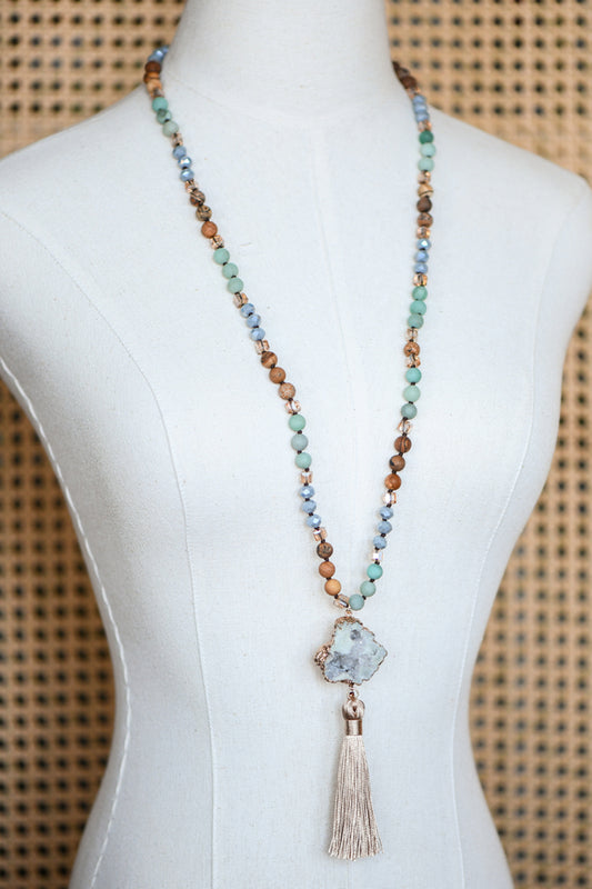Stone Bead Necklace with Druzy Tassel Pendant - 6514
