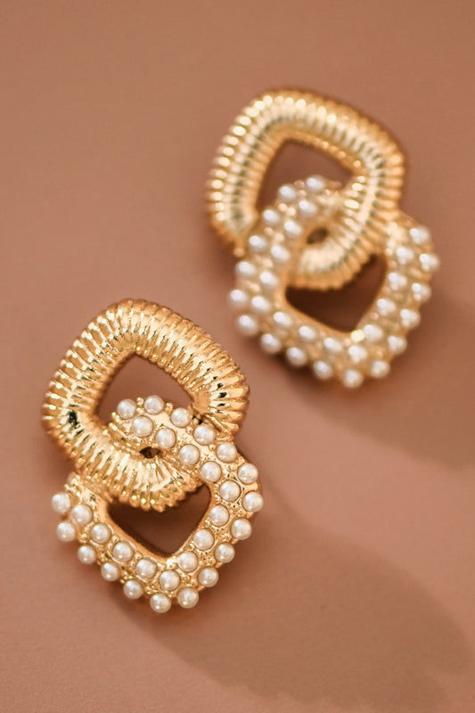 18K Gold Plated Pearl Geometric Stainless Steel Earrings - 7948