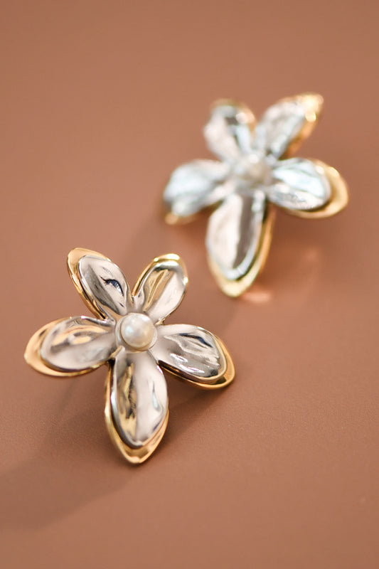 18K Gold Plated Stainless Steel Pearl Flower Studs – 7955
