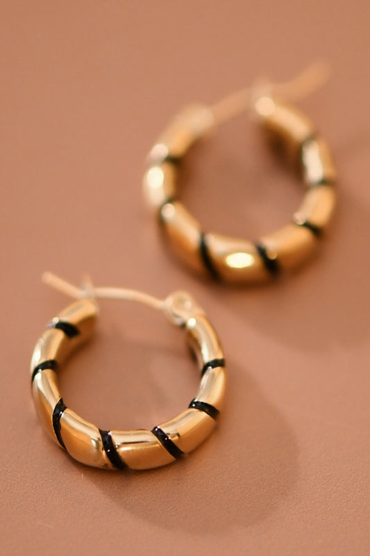 18K Gold Plated Stainless Steel Black Enamel Hoop Earrings - 8004