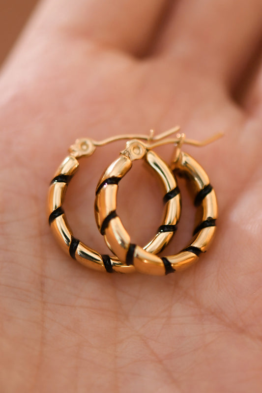 18K Gold Plated Stainless Steel Black Enamel Hoop Earrings - 8004