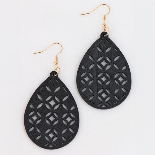 Boho Filigree Laser Cut Teardrop Wood Earrings - 1418