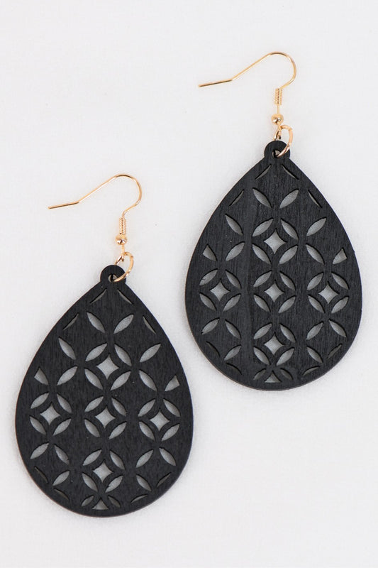 Boho Filigree Laser Cut Teardrop Wood Earrings - 1418