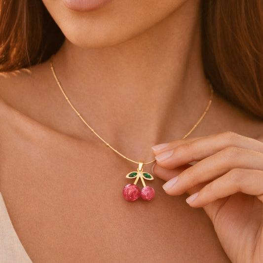 18K Gold PVD Plated Stainless Steel Red Cherry Necklace – 7974