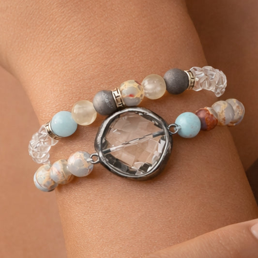 Aqua Terra Jasper Stone Bracelet Set with Faceted Centerpiece – 8057