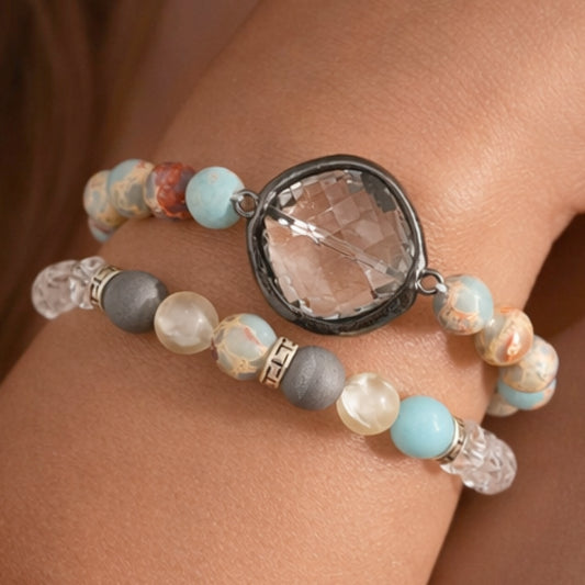 Aqua Terra Jasper Stone Bracelet Set with Faceted Centerpiece – 8057