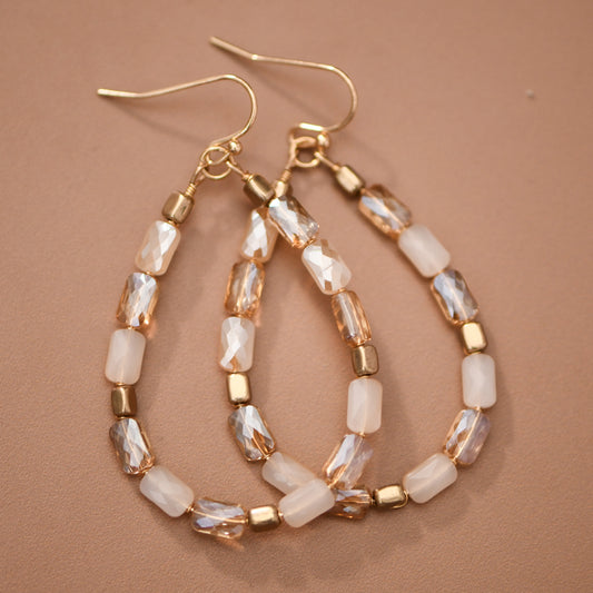 Teardrop Wire Beaded Glass Crystal Earrings - 7276