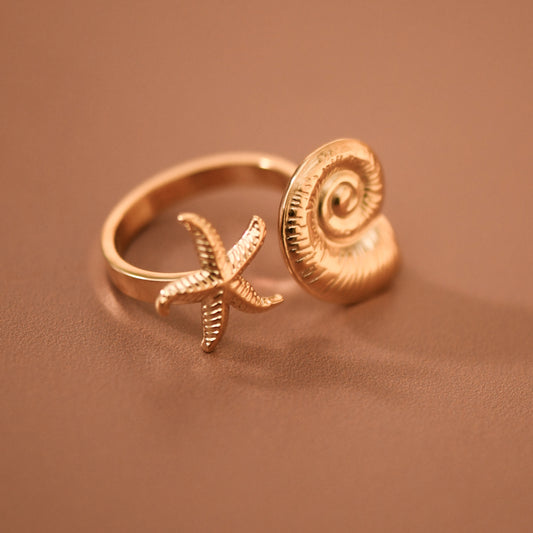 18K Gold PVD Plated Stainless Steel Starfish & Shell Ring – 8042