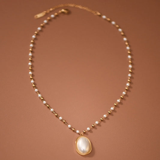 18K Gold PVD Plated Stainless Steel Beaded Pearl Pendant Necklace – 8026