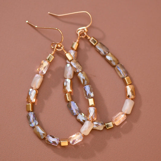 Teardrop Wire Beaded Glass Crystal Earrings - 8180