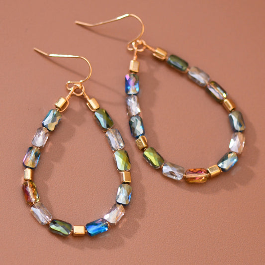 Teardrop Wire Beaded Glass Crystal Earrings - 8179