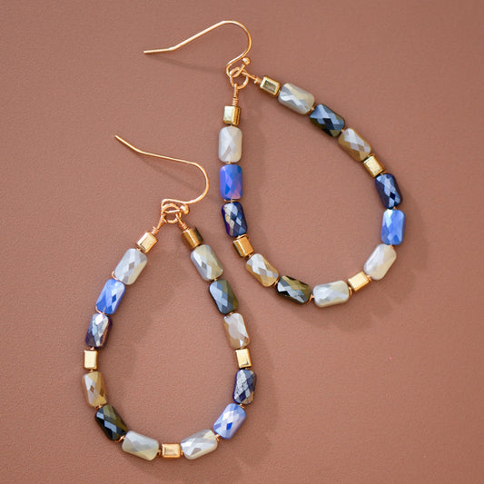 Teardrop Wire Beaded Glass Crystal Earrings - 8181