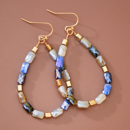 Teardrop Wire Beaded Glass Crystal Earrings - 8181