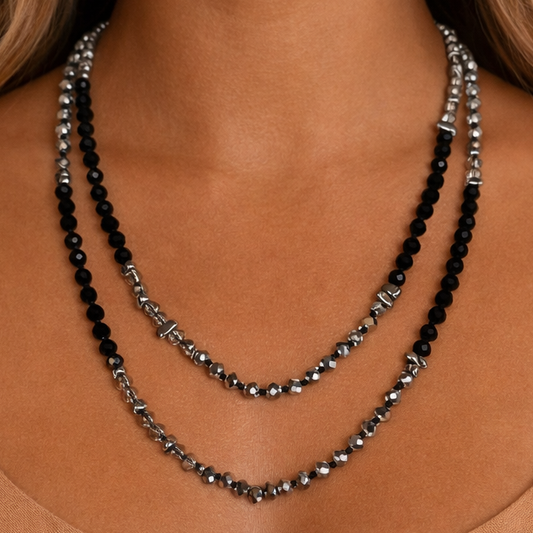 Black and Silver Crystal Beaded Long Necklace – 7253