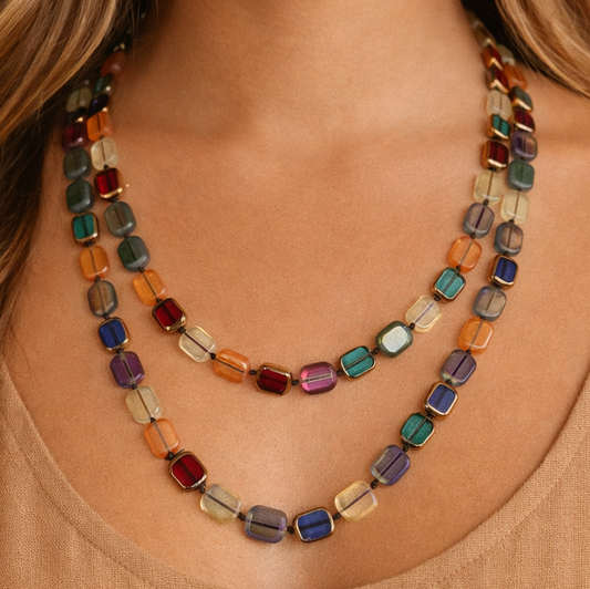 Long Colorful Square Glass Crystal Necklace – 7244