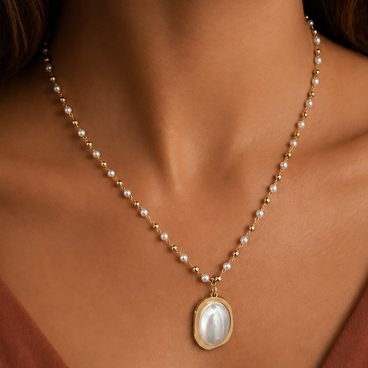 18K Gold PVD Plated Stainless Steel Beaded Pearl Pendant Necklace – 8026