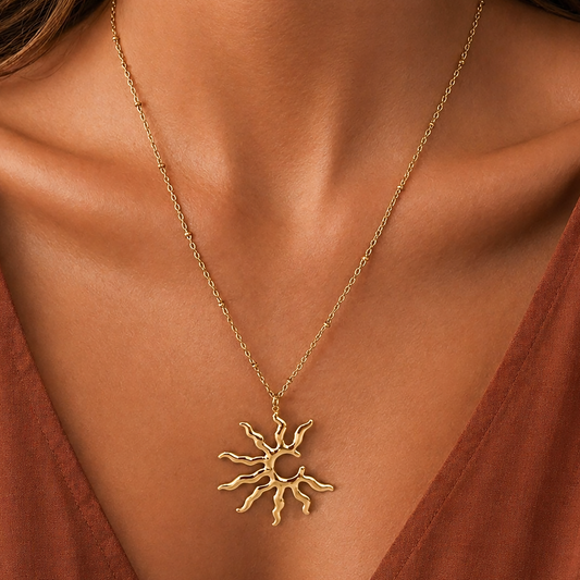 18K Gold PVD Plated Stainless Steel Celestial Sun Necklace – 8052