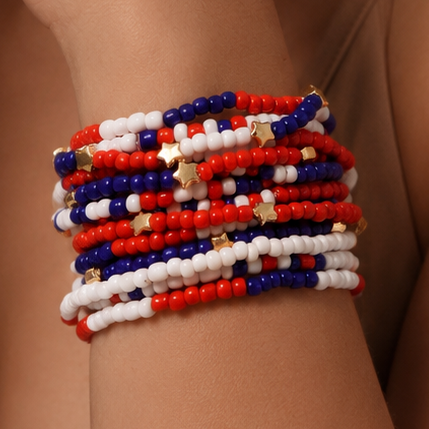 Patriotic Americana Red White Blue Seed Bead Bracelet Set – 8070