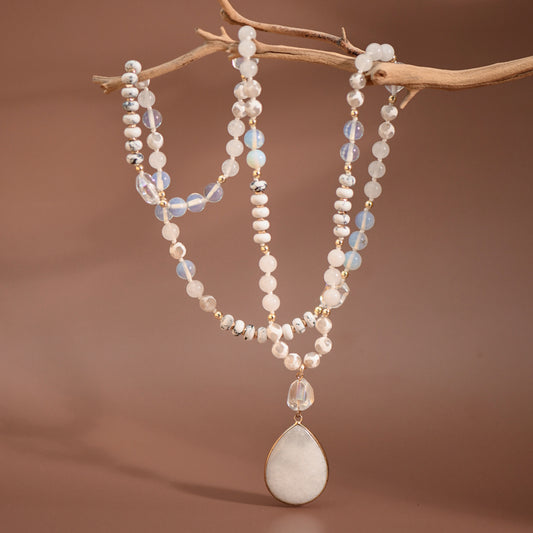 Stone Beaded Long Necklace, Large Stone Pendant - 7255