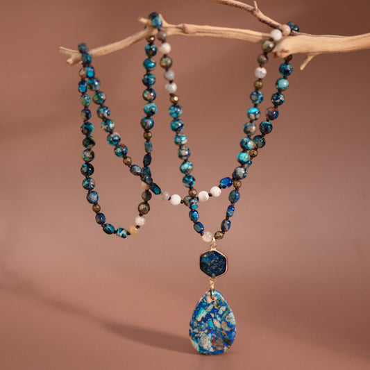 Stone Beaded Long Necklace, Large Stone Pendant - 7265