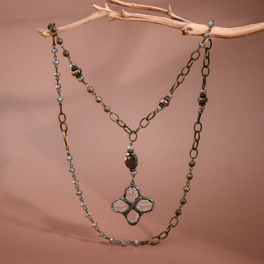 Boho Long Beaded Chain Link Necklace with Glass Crystal Pendant - 7517