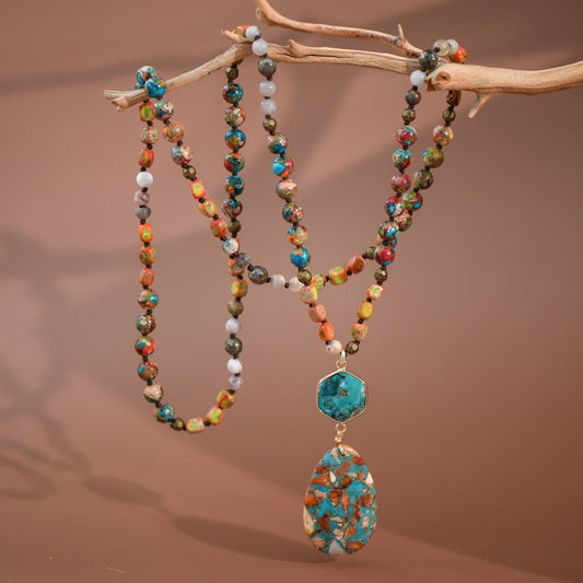 Stone Beaded Long Necklace, Large Stone Pendant - 7268