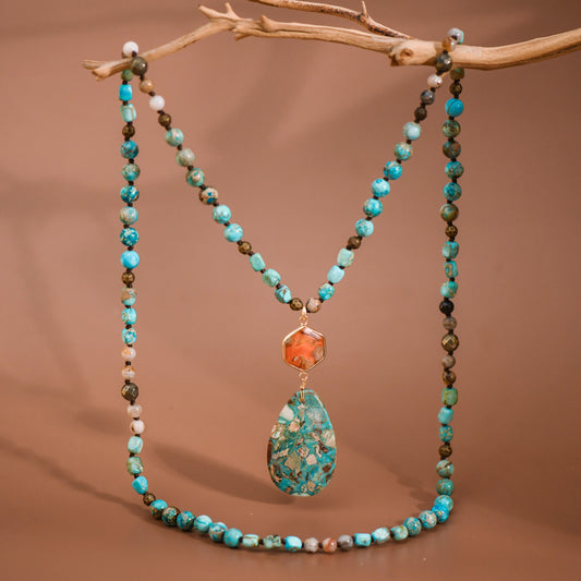 Stone Beaded Long Necklace, Large Stone Pendant - 7272