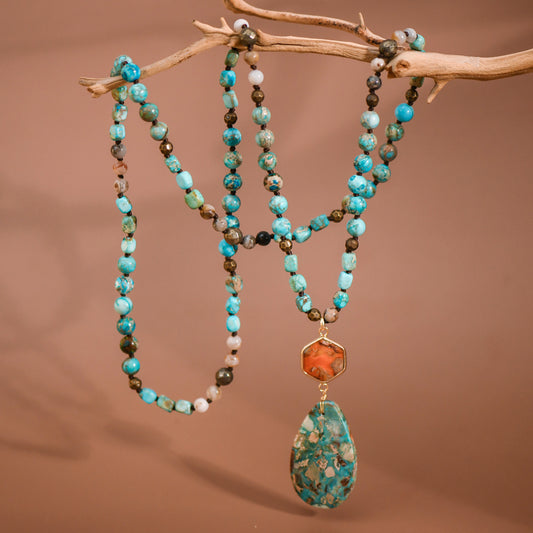 Stone Beaded Long Necklace, Large Stone Pendant - 7272