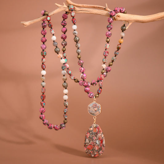 Stone Beaded Long Necklace, Large Stone Pendant - 7264