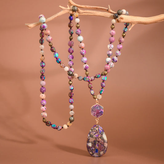 Stone Beaded Long Necklace, Large Stone Pendant - 7262