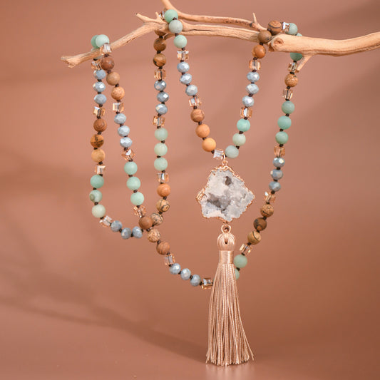 Stone Bead Necklace with Druzy Tassel Pendant - 6514