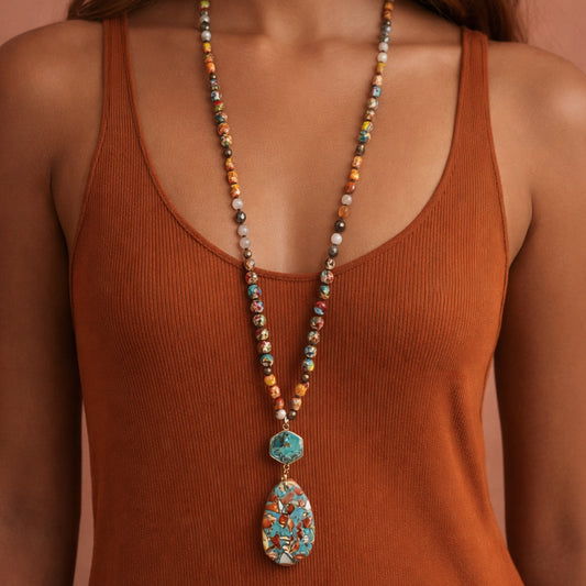 Stone Beaded Long Necklace, Large Stone Pendant - 7268