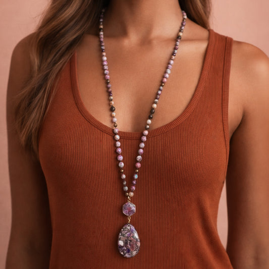 Stone Beaded Long Necklace, Large Stone Pendant - 7262