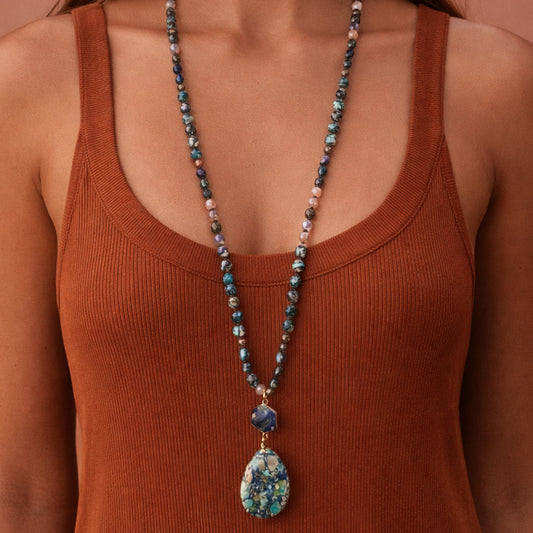 Stone Beaded Long Necklace, Large Stone Pendant - 7265
