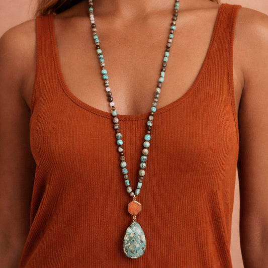 Stone Beaded Long Necklace, Large Stone Pendant - 7272