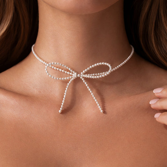 Beaded Pearl Bow Tie Choker Necklace - 7312