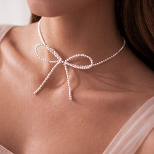 Beaded Pearl Bow Tie Choker Necklace - 7312